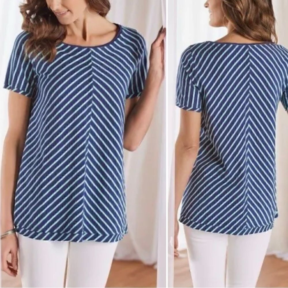 Soft Surroundings 100% Pima Cotton Indra Blue Striped Short Sleeves Tee,Sz Small